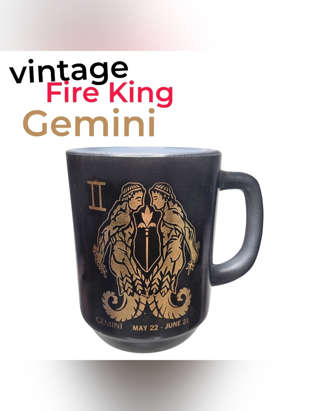 Vintage 1970s Fire-King Gemini Zodiac Black  Gold Milk glass Mug